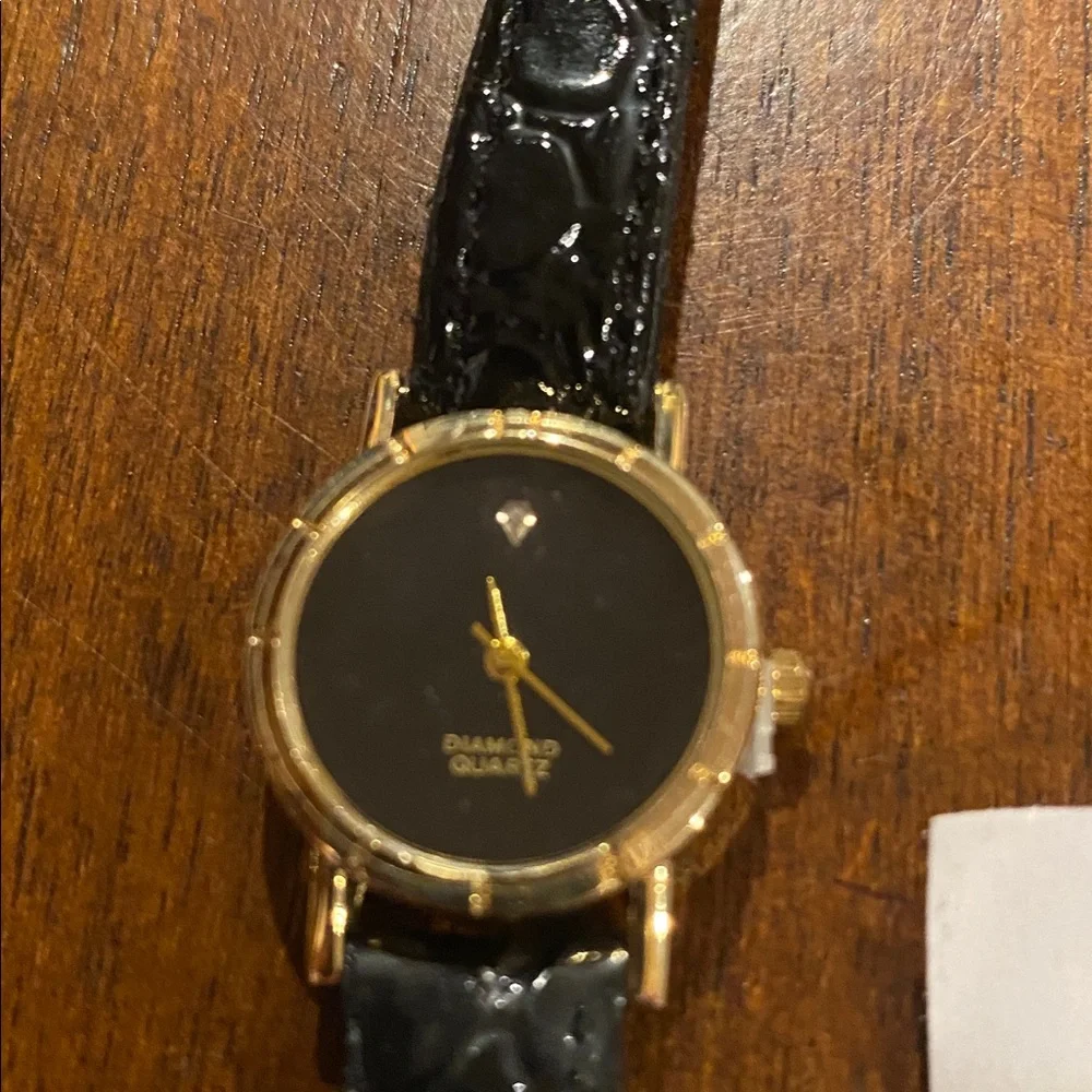 Vintage Japan movement diamond quartz Black Leather Strap Gold Watch